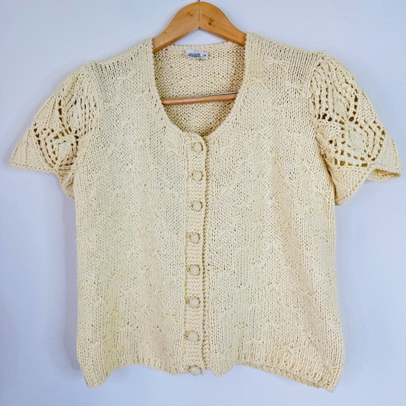 Sweaters - French Countryside Charm Butter Yellow Knit Cardigan Sweater Bows Vintage